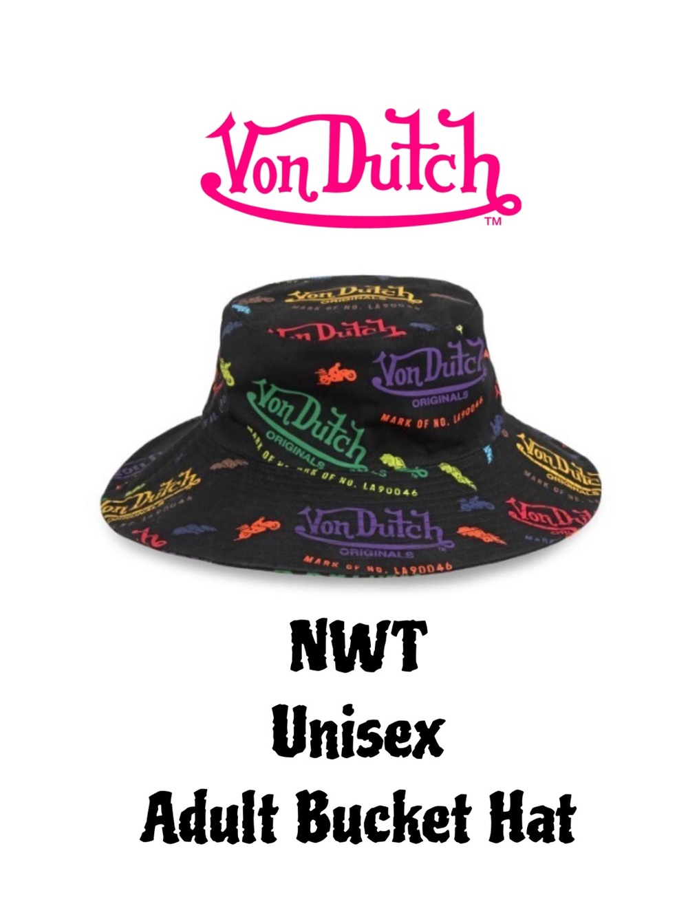 NWT Von Dutch Black Multicolor Logo Bucket Hat